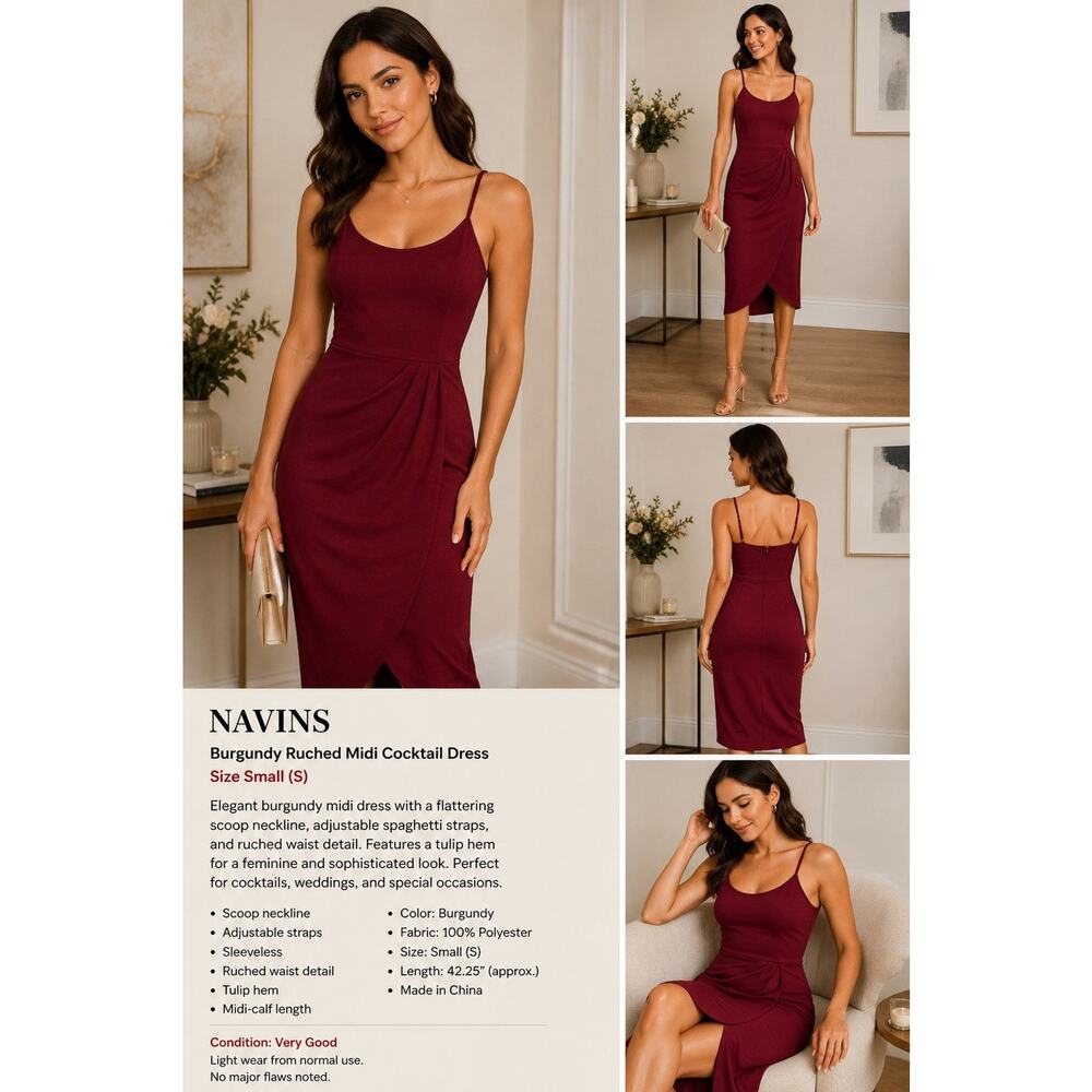NAVINS Burgundy Ruched Midi Cocktail Dress Sleeveless Size Small